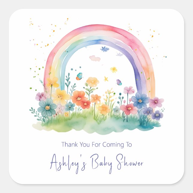 Boho Wildflower Rainbow Baby Shower Square Sticker (Front)