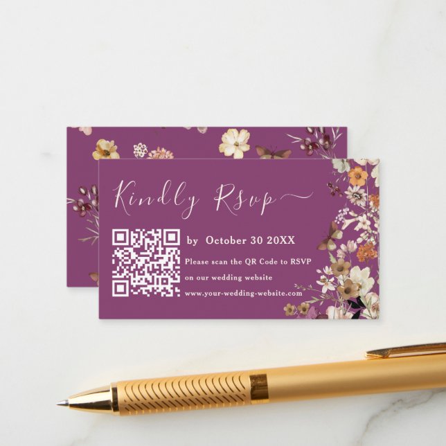 Boho Wildflower Rustic Berry Purple Wedding Rsvp Enclosure Card (Front/Back In Situ)