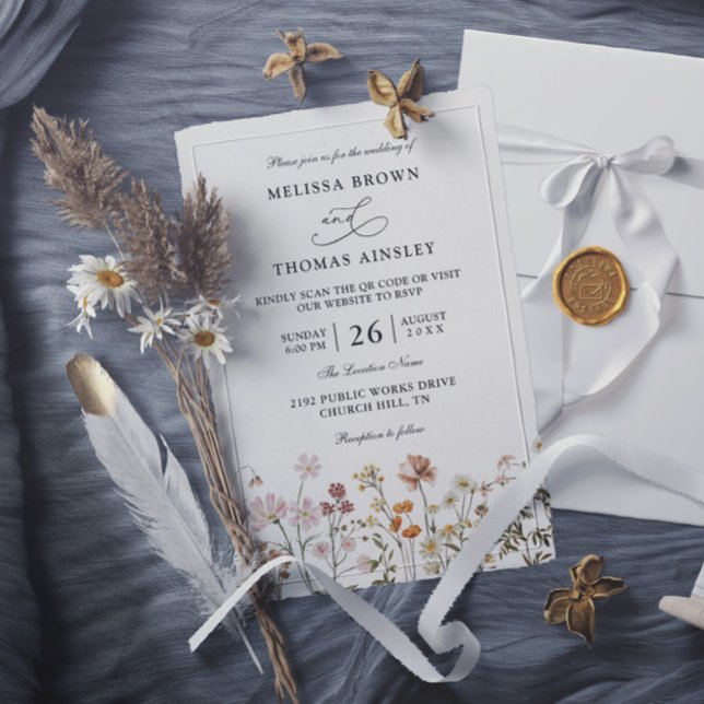 Boho Wildflower Rustic Budget QR Code Wedding Invitation (Creator Uploaded)