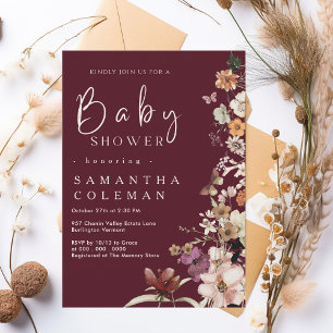 Boho Wildflower Rustic Burgundy Baby Shower Invitation