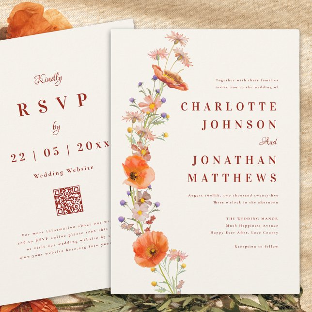 Boho Wildflower Rustic Fall Wedding Invitation (Boho wildflower rustic fall wedding invitation with elegant script and wedding website qr code)