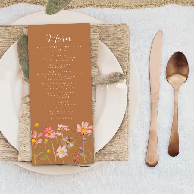 Boho Wildflower Rustic Fall Wedding Menu (Terracotta boho rustic floral fall wedding elegant script wildflower watercolor)