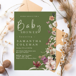 Boho Wildflower Rustic Moss Green Baby Shower Invitation