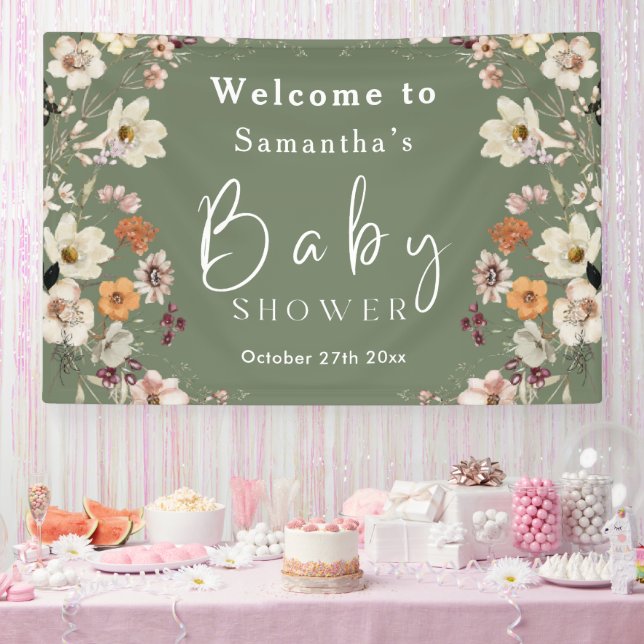 Boho Wildflower Rustic Sage Green Baby Shower Banner (Party)