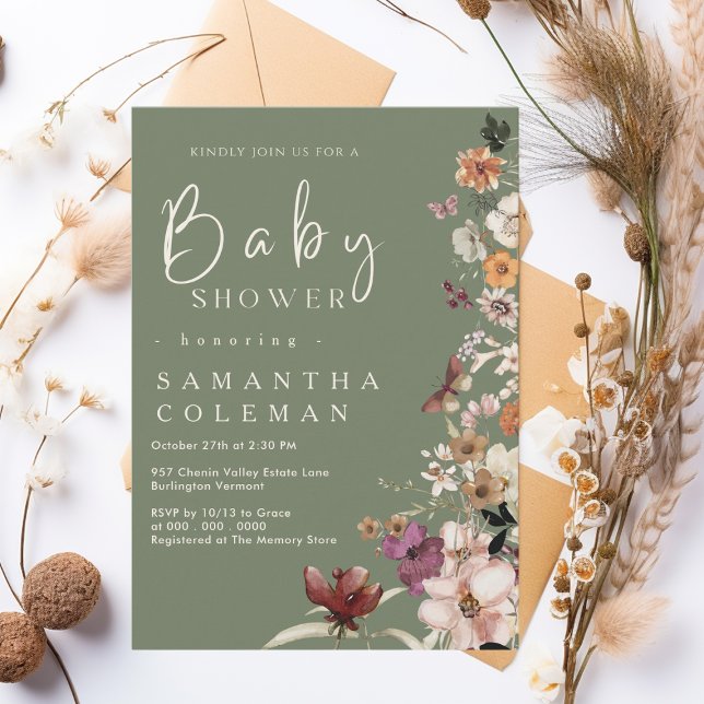 Boho Wildflower Rustic Sage Green Baby Shower Invitation (Creator Uploaded)