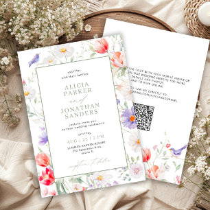 Boho wildflower sage green all in one QR wedding Invitation