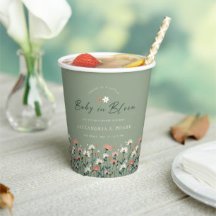 Boho Wildflower Sage Green Baby in Bloom Shower Paper Cups