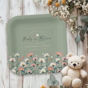 Boho Wildflower Sage Green Baby in Bloom Shower Paper Plate