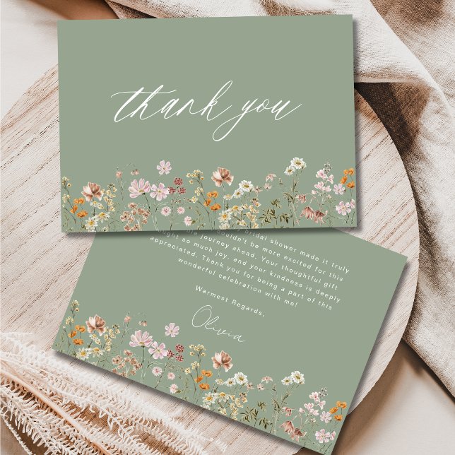 Boho Wildflower Sage Green Bridal Shower Thank You Card (Creator Uploaded)