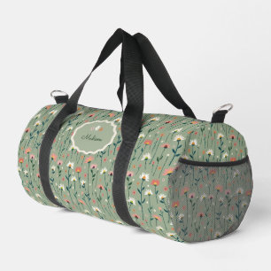 Boho Wildflower Sage Green Monogram Duffle Bag