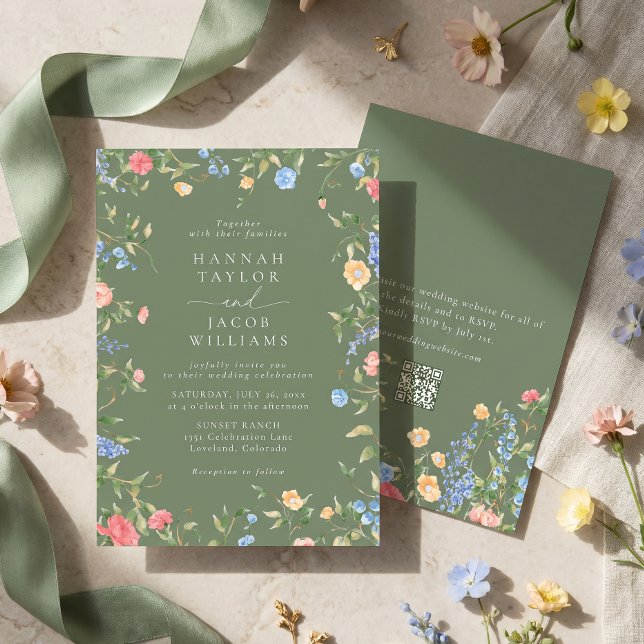 Boho Wildflower Sage Green QR Code RSVP Wedding Invitation (Creator Uploaded)