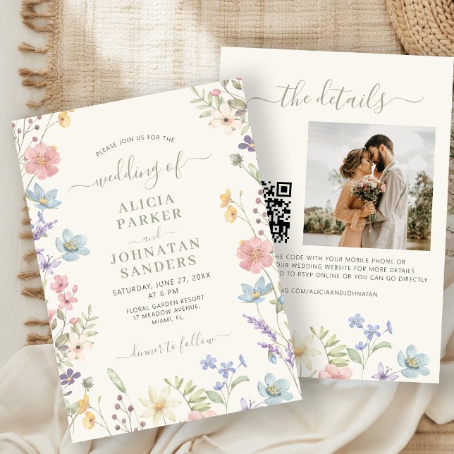 Boho wildflower sage green script QR code wedding Invitation (Creator Uploaded)