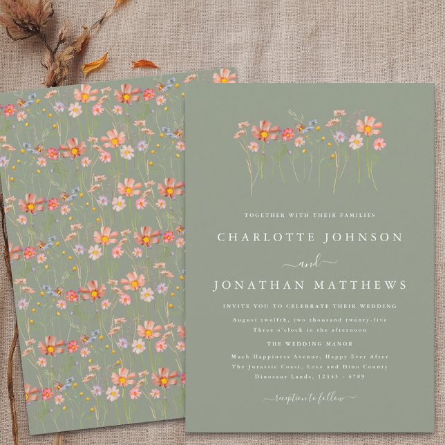 Boho Wildflower Sage Green Wedding Invitation (Wildflower boho fall floral sage green Wedding invitation Watercolor meadow flowers elegant modern)