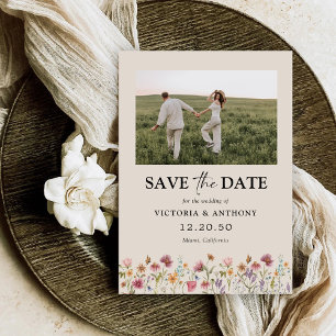 Boho Wildflower Save The Date with Photo Flat Card