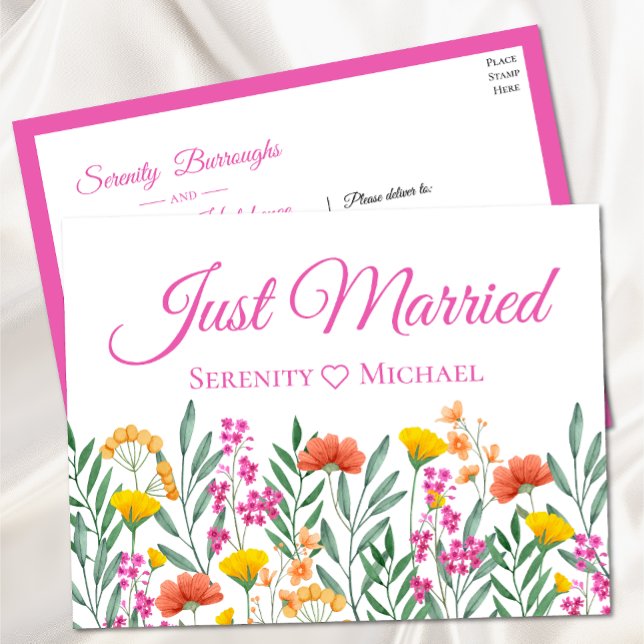 Boho Wildflower Spring Floral Just Married Wedding Announcement Postcard (Creator Uploaded)