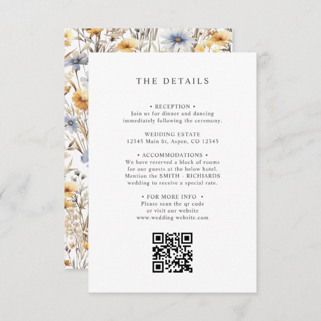 Boho Wildflower Spring WEDDING DETAILS QR CODE Enclosure Card (Front/Back)