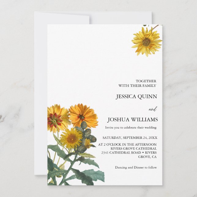 Boho Wildflower Sunflower Wedding  Yellow Floral Invitation (Front)