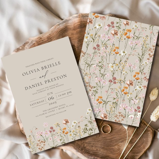 Boho Wildflower Taupe Beige Garden Wedding Invitation (Creator Uploaded)