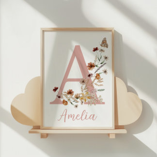 Boho Wildflower Watercolor Baby Girl Name Poster