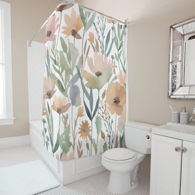 Boho Wildflower Watercolor Floral Bathroom Shower Curtain (In Situ)