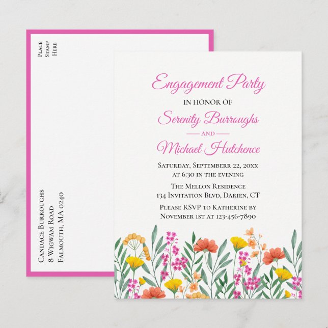 Boho Wildflower Watercolor Floral Engagement Party Invitation Postcard (Front/Back)