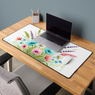 Boho Wildflower Watercolor Floral Paint Drip Desk Mat