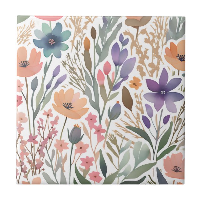 Boho Wildflower Watercolor Floral Pastel Accent Tile (Front)
