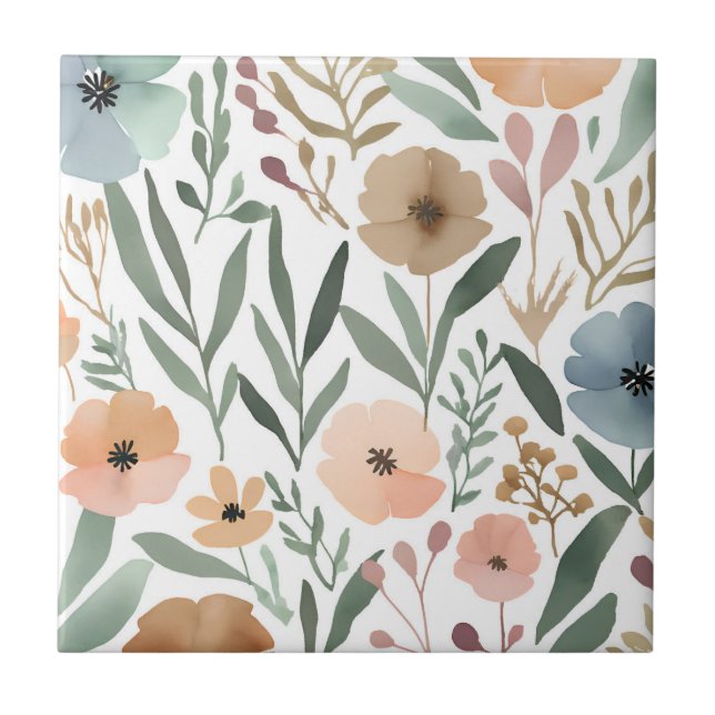 Boho Wildflower Watercolor Floral Pastel Accent Tile (Front)