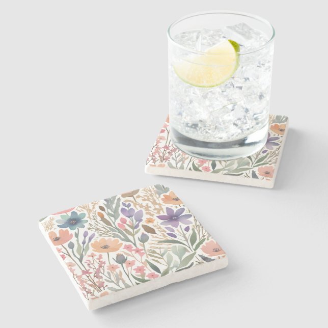 Boho Wildflower Watercolor Floral Pastel Stone Coaster (Side)