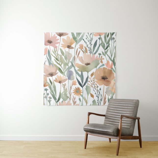 Boho Wildflower Watercolor Floral Pastel Wall  Tapestry (In Situ)