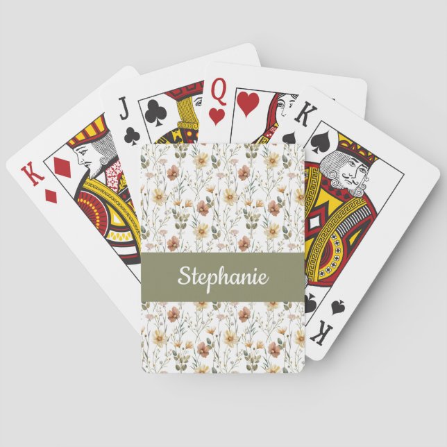 Boho Wildflower Watercolor Monogram Name Playing Cards (Back)