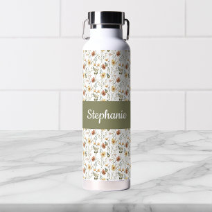Boho Wildflower Watercolor Monogram Name Water Bottle