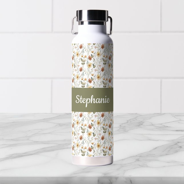 Boho Wildflower Watercolor Monogram Name Water Bottle (Creator Uploaded)