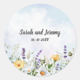 Boho Wildflower Watercolor Personalise Wedding Classic Round Sticker