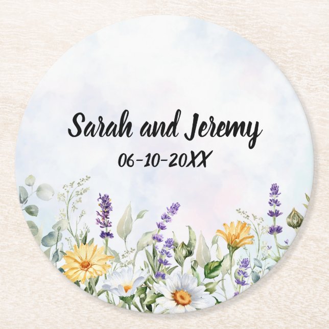 Boho Wildflower Watercolor Personalise Wedding Round Paper Coaster (Front)