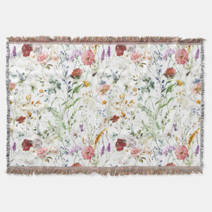 Boho Wildflower Watercolor Spring Flower Throw Blanket