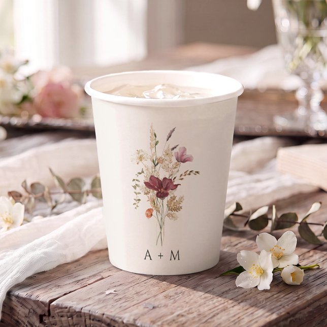 Boho Wildflower Wedding Elegant Fall Vintage Paper Cups (Vintage wildflower paper cups - shown in small (8 oz) size.)