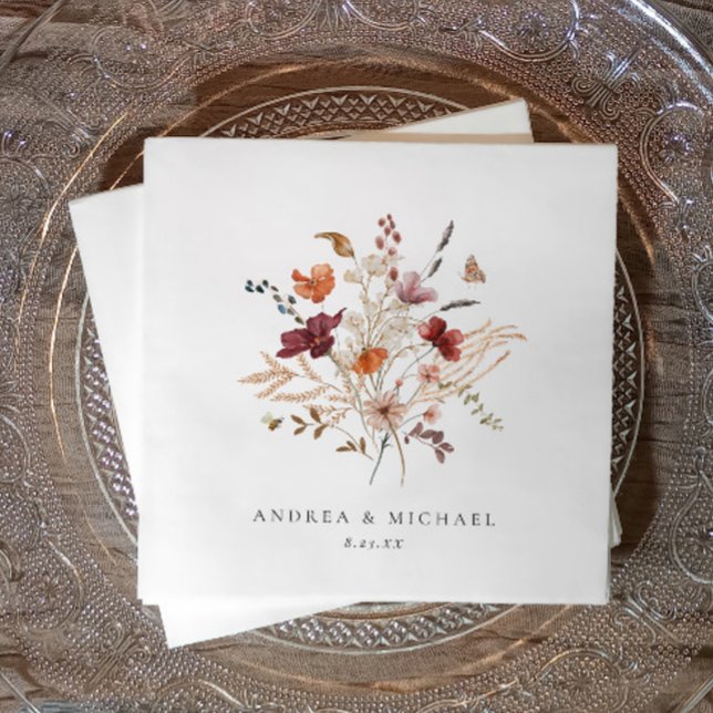 Boho Wildflower Wedding Fall Floral Napkin (Soft watercolor wildflower napkin with names and date—ideal for rustic, boho, or garden weddings.)