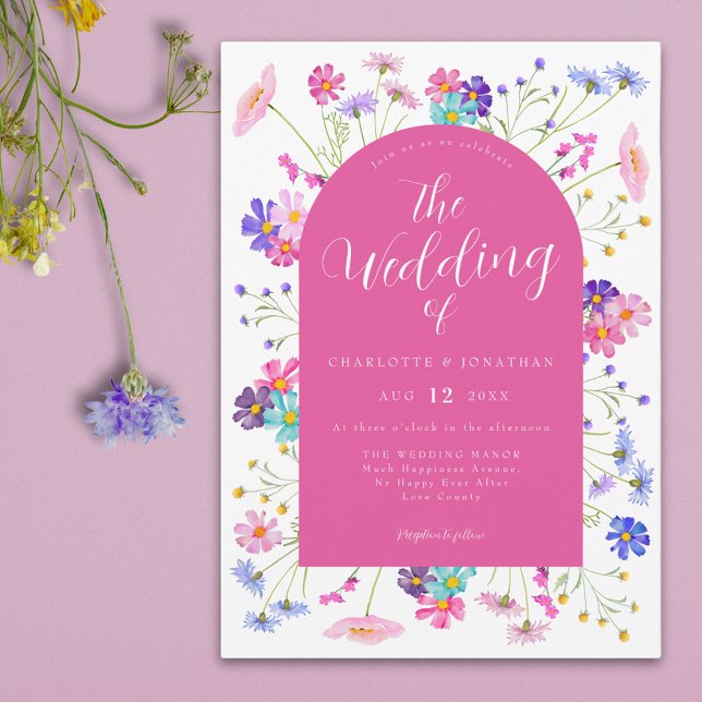 Boho Wildflower Wedding Invitation (Colorful wildflower elegant hot pink summer wedding invitation )