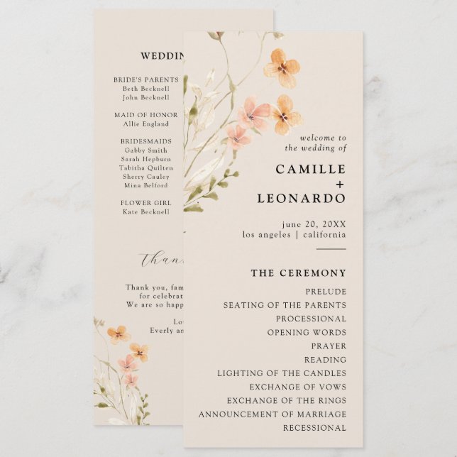 Boho Wildflower Wedding Program  Programme (Front/Back)