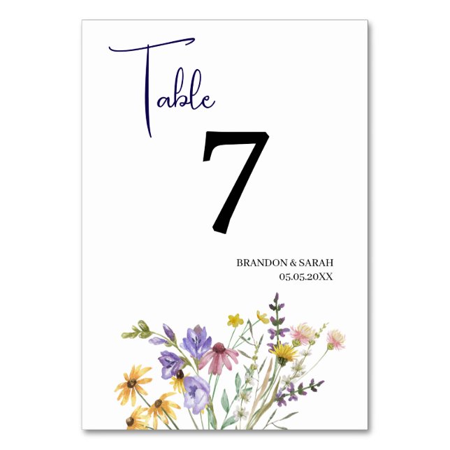 Boho Wildflower Wedding Table Number (Front)