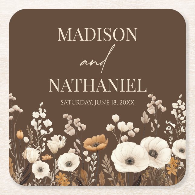 Boho Wildflower Wild Flower Floral Garden Wedding Square Paper Coaster (Front)