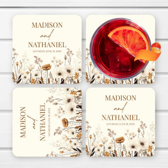 Boho Wildflower Wild Flower Floral Garden Wedding Square Paper Coaster (Creator Uploaded)