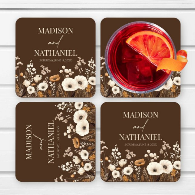 Boho Wildflower Wild Flower Floral Garden Wedding Square Paper Coaster (Creator Uploaded)