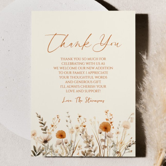 Boho Wildflower Wild Flowers Floral Baby Shower Thank You Card (Creator Uploaded)