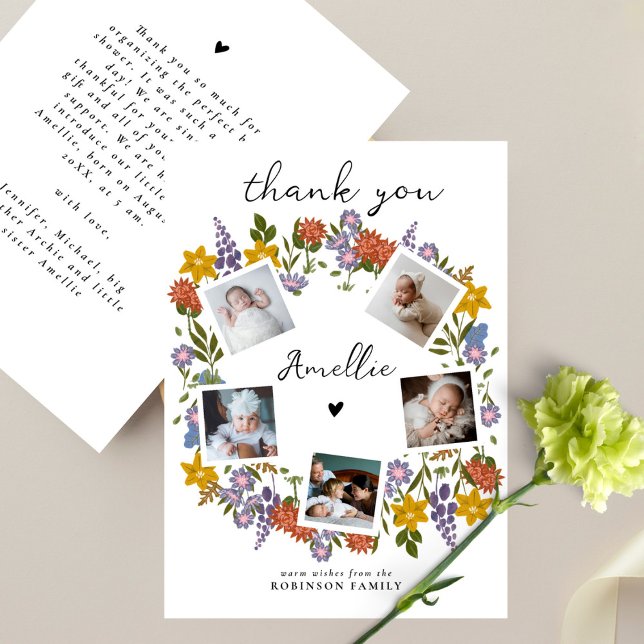 Boho Wildflower Wreath Photo Collage Baby Shower Thank You Card (Creator Uploaded)