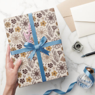 Boho Wildflowers and Feathers in Earth Tones Wrapping Paper