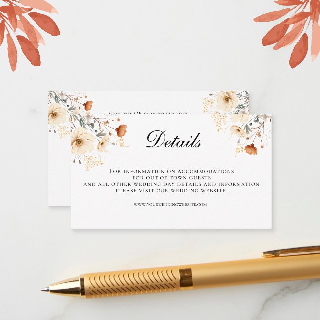 Boho Wildflowers Beige QR code Wedding Details  Enclosure Card (Boho Wildflowers in shades of beige rust and terracotta Wedding details enclosure card)