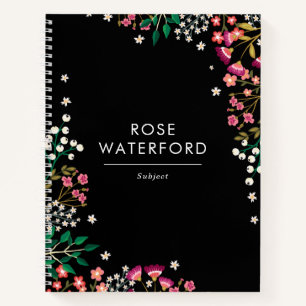 Boho Wildflowers - Black - Name Notebook