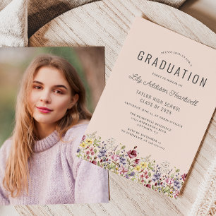 Boho Wildflowers Blush Pink Photo Graduation Invitation